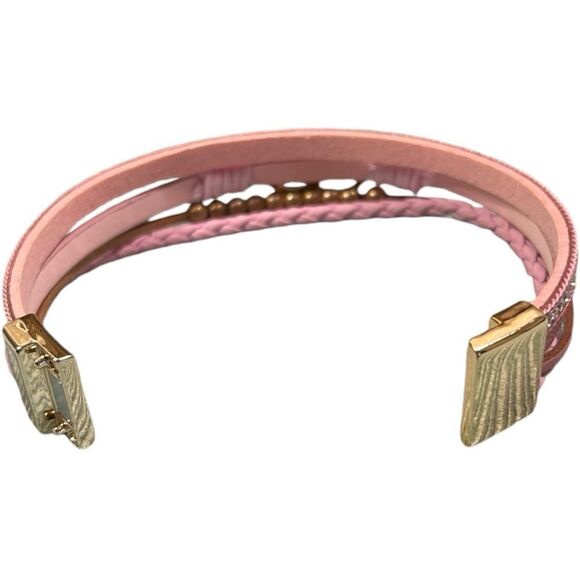 Designer Pink and Gold Interlocked Rings Braided Multi-strand Bracelet - Picture 6 of 7